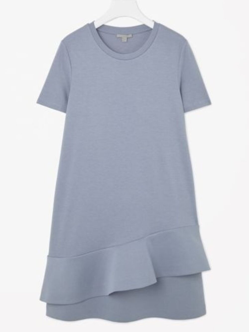 COS Blue Ruffle Hem Dress Asymmetric Pastel Knit Crew Neck Short Sleeve Sheath